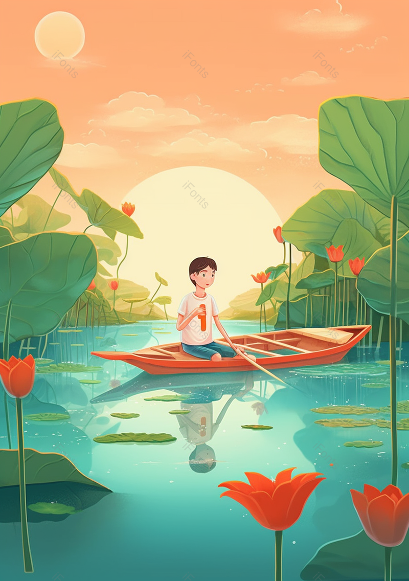 落日夏日小孩划船木船荷花河水盛开荷叶炎热植物景色插画,插画/手绘图,插画/手绘图库,插画/手绘图下载,插画/手绘